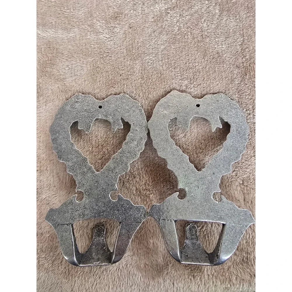 Silver Pewter Heart Wreath Wall Hooks Set of 2 Floral Bow Cottagecore